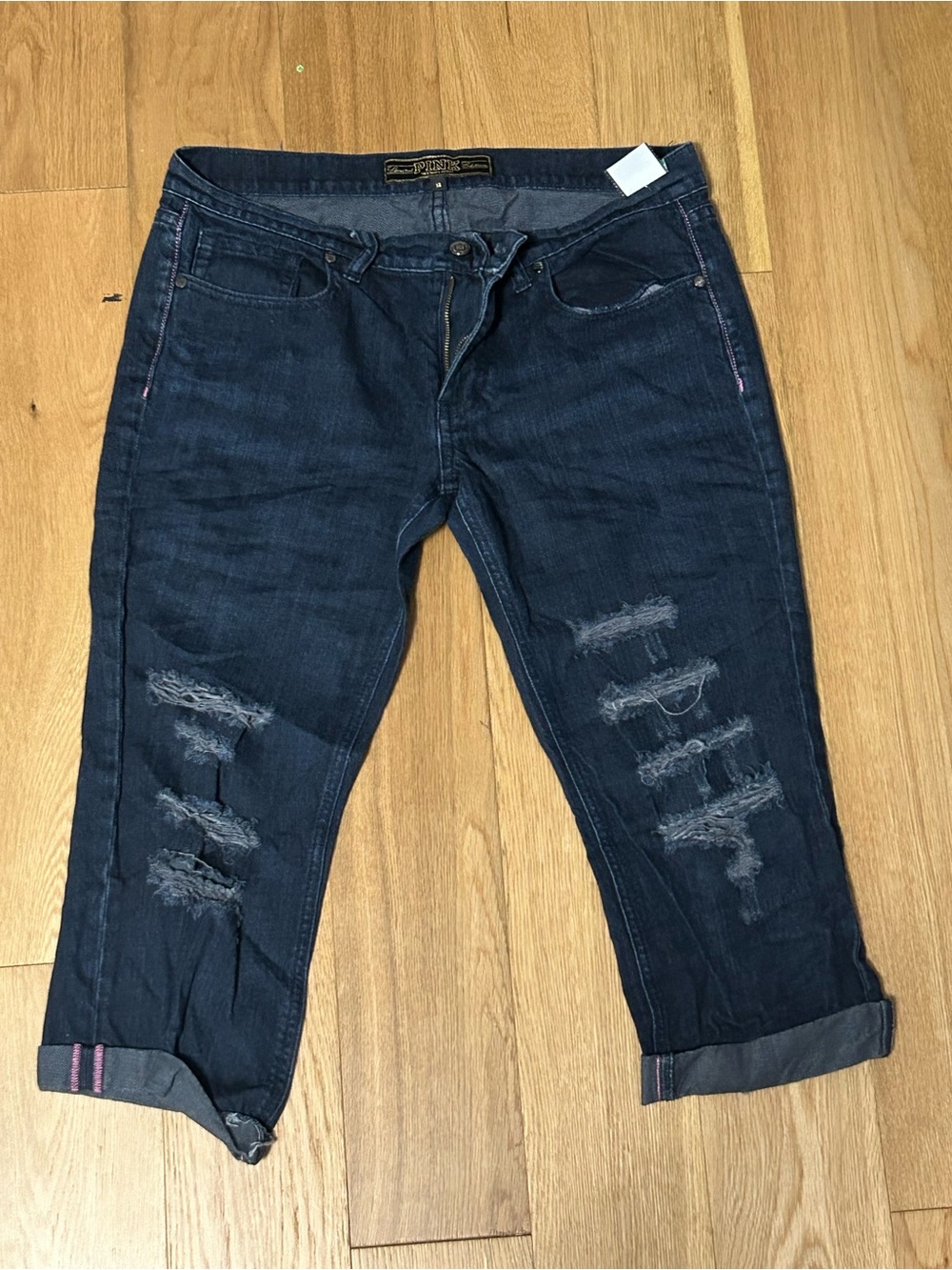 Dark Wash VS PINK Limited Edition Low Rise Ripped Capris